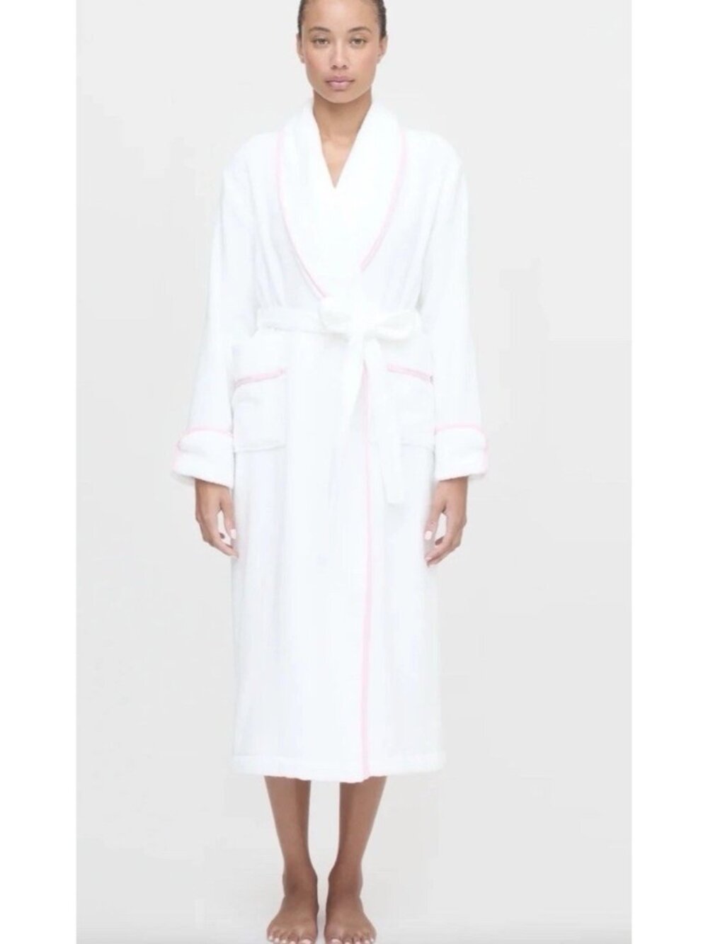 HILL HOUSE The Hotel Robe White Pink Long Terry Cloth 100% Cotton Size S/M